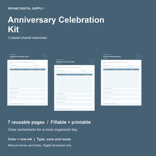 Anniversary Celebration Kit | Fillable PDF + Low-Ink Kit cover with actual page previews