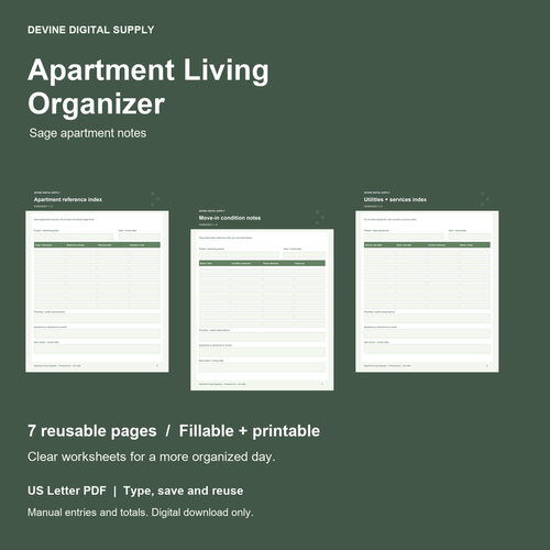 Apartment Living Organizer | Fillable PDF Kit cover with actual page previews