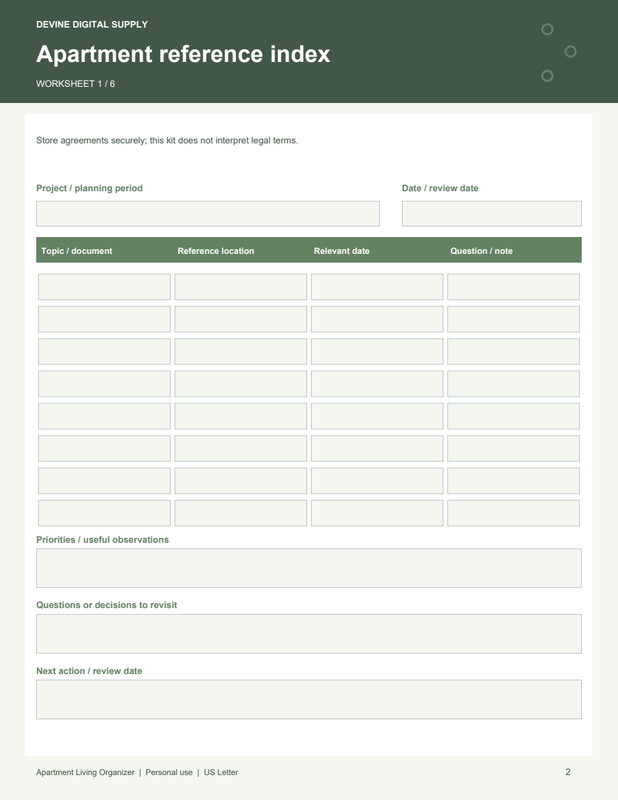 Apartment Living Organizer | Fillable PDF Kit worksheet preview 1