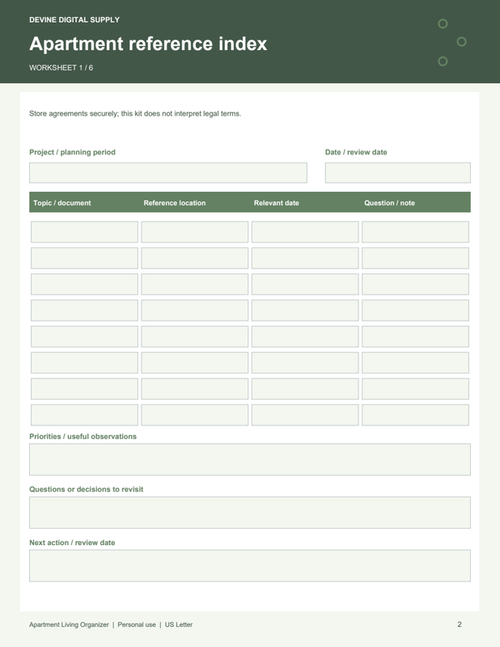Apartment Living Organizer | Fillable PDF Kit worksheet preview 1