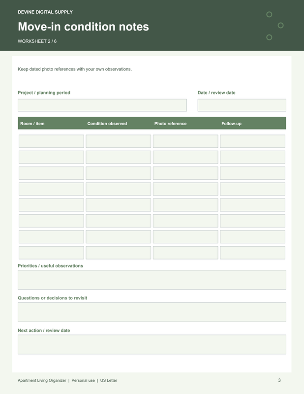 Apartment Living Organizer | Fillable PDF Kit worksheet preview 2