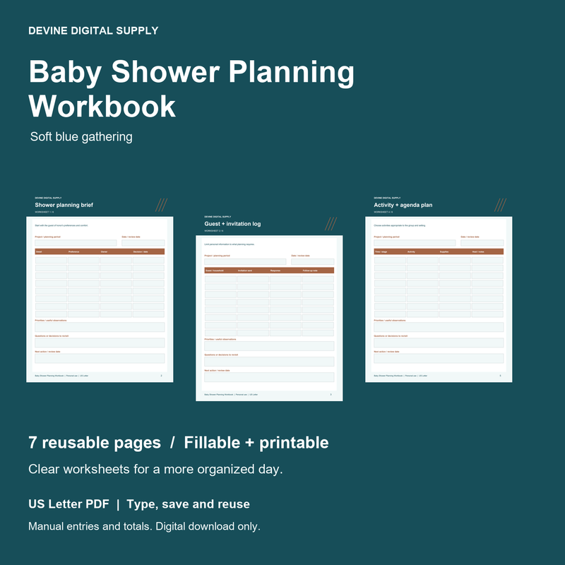 Baby Shower Planning Workbook | Fillable PDF Kit cover with actual page previews