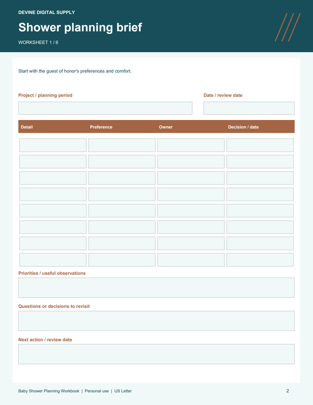 Baby Shower Planning Workbook | Fillable PDF Kit worksheet preview 1