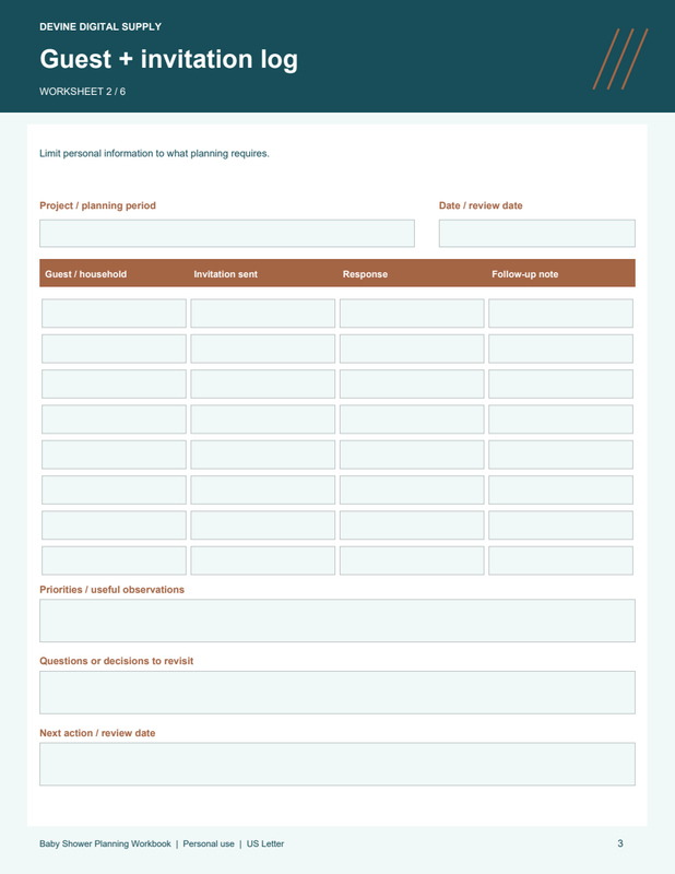 Baby Shower Planning Workbook | Fillable PDF Kit worksheet preview 2