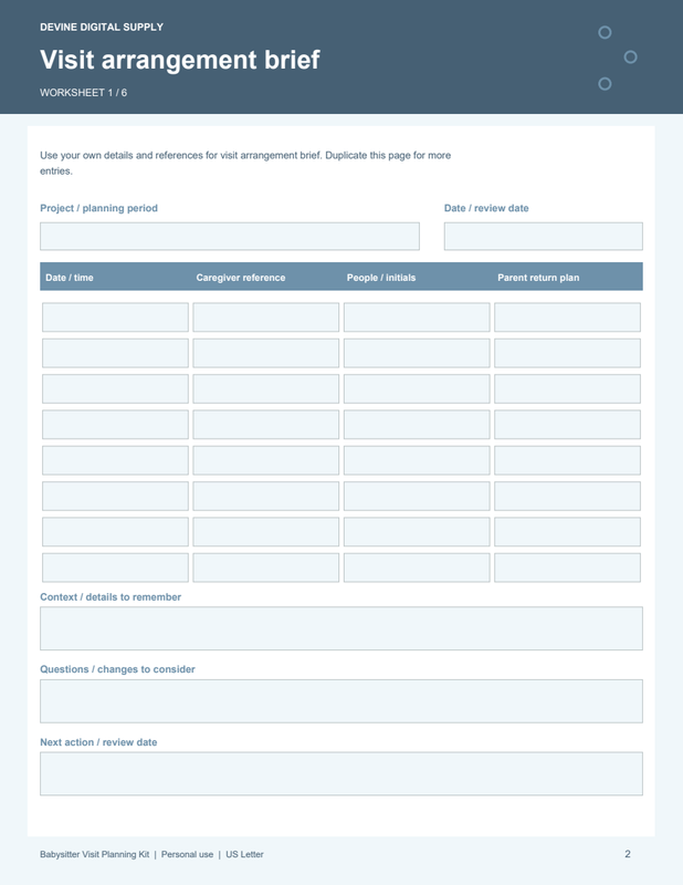Babysitter Visit Planning Kit | Fillable PDF + Low-Ink Kit worksheet preview 1