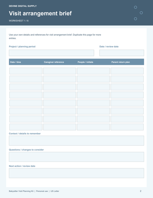 Babysitter Visit Planning Kit | Fillable PDF + Low-Ink Kit worksheet preview 1