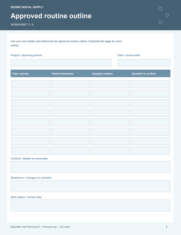 Babysitter Visit Planning Kit | Fillable PDF + Low-Ink Kit worksheet preview 2