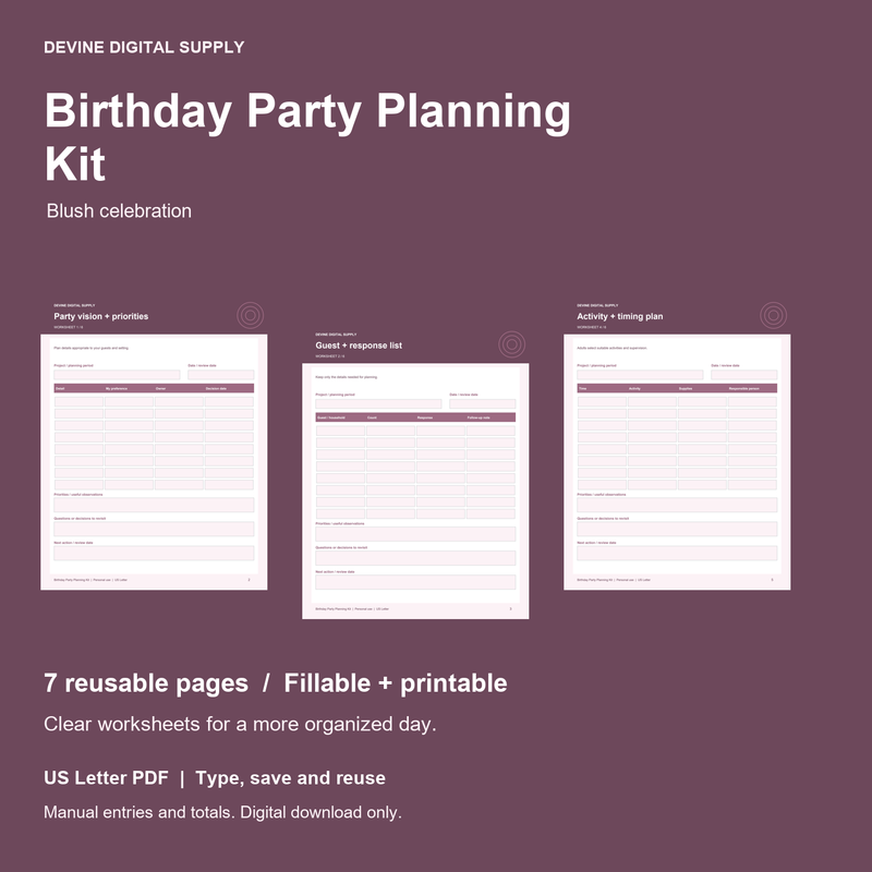 Birthday Party Planning Kit | Fillable PDF Kit cover with actual page previews