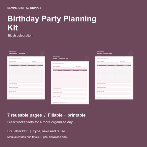 Birthday Party Planning Kit | Fillable PDF Kit cover with actual page previews