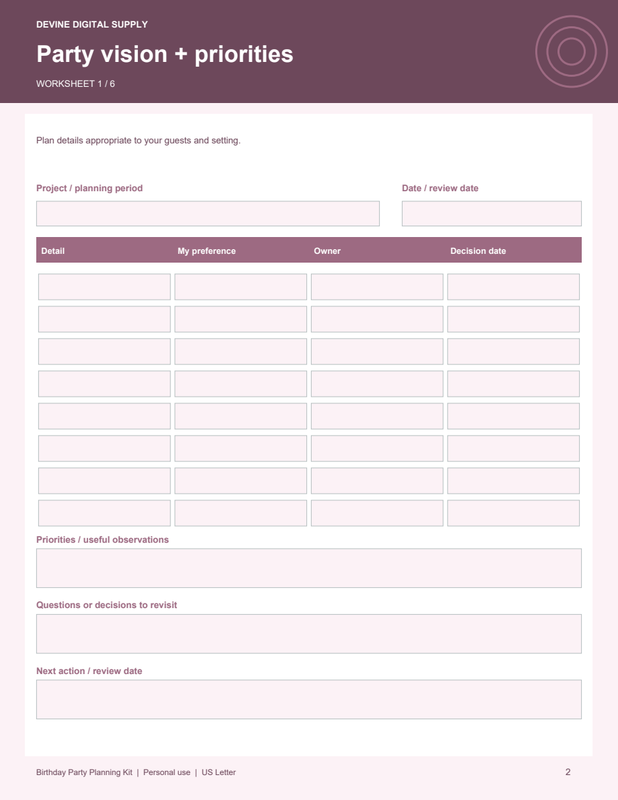 Birthday Party Planning Kit | Fillable PDF Kit worksheet preview 1