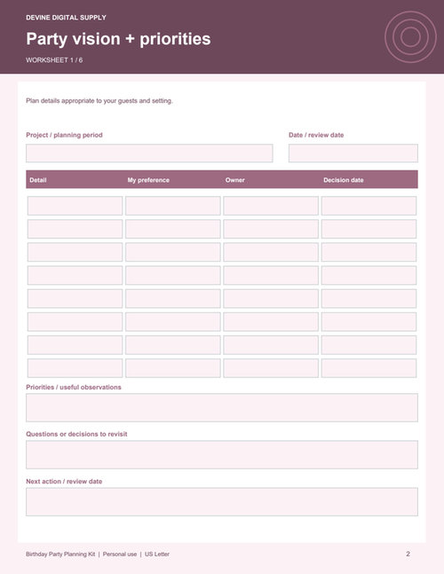 Birthday Party Planning Kit | Fillable PDF Kit worksheet preview 1