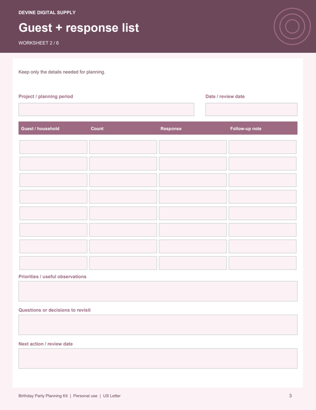 Birthday Party Planning Kit | Fillable PDF Kit worksheet preview 2