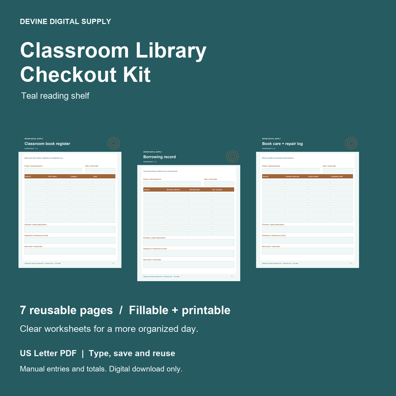 Classroom Library Checkout Kit | Fillable PDF Kit cover with actual page previews