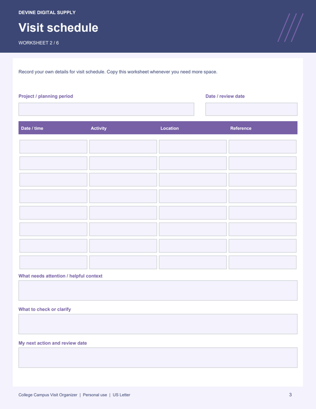 College Campus Visit Organizer | Fillable PDF + Low-Ink Kit worksheet preview 2