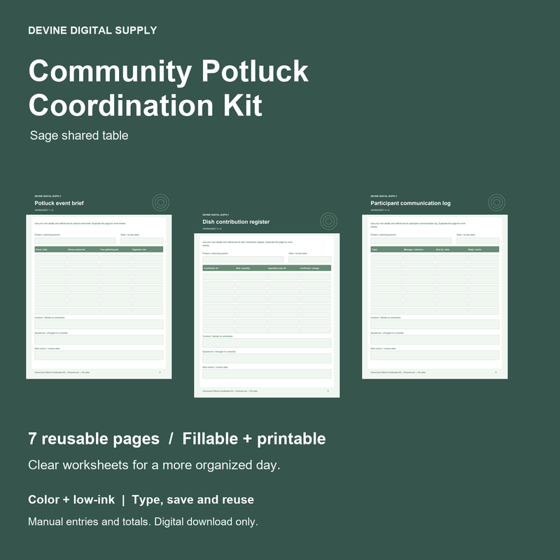 Community Potluck Coordination Kit | Fillable PDF + Low-Ink Kit cover with actual page previews
