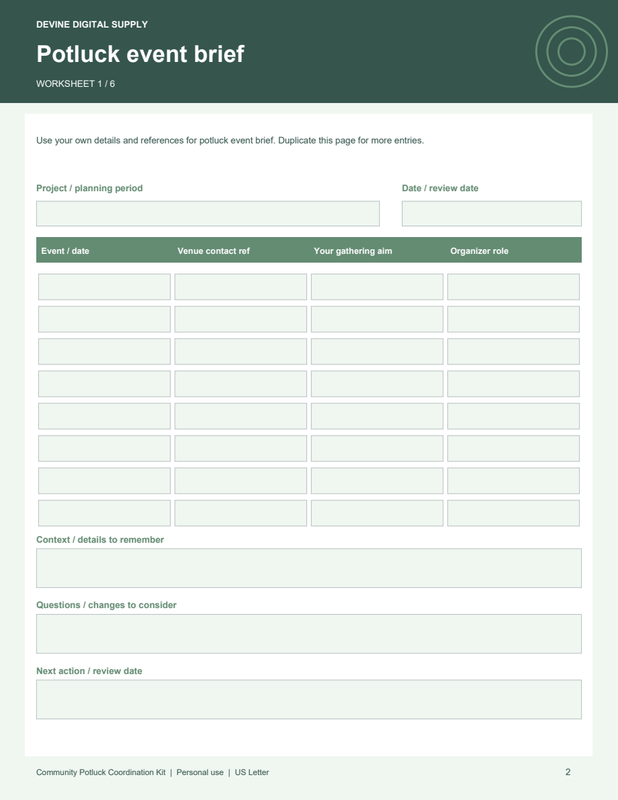 Community Potluck Coordination Kit | Fillable PDF + Low-Ink Kit worksheet preview 1