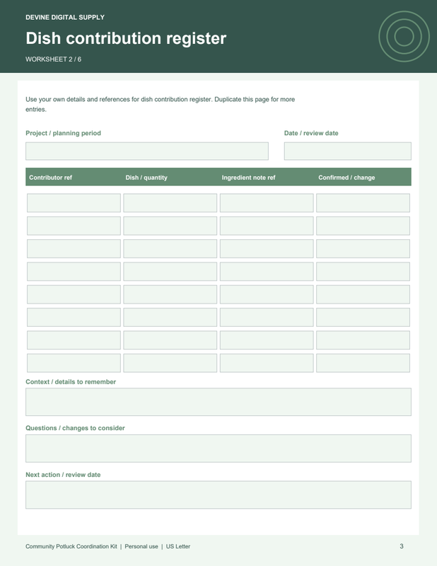 Community Potluck Coordination Kit | Fillable PDF + Low-Ink Kit worksheet preview 2