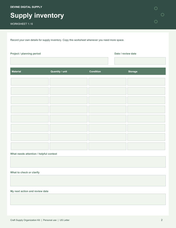 Craft Supply Organization Kit | Fillable PDF + Low-Ink Kit worksheet preview 1