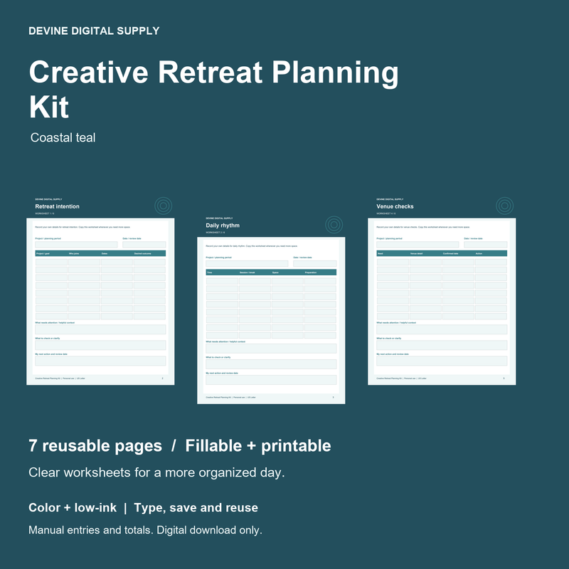 Creative Retreat Planning Kit | Fillable PDF + Low-Ink Kit cover with actual page previews