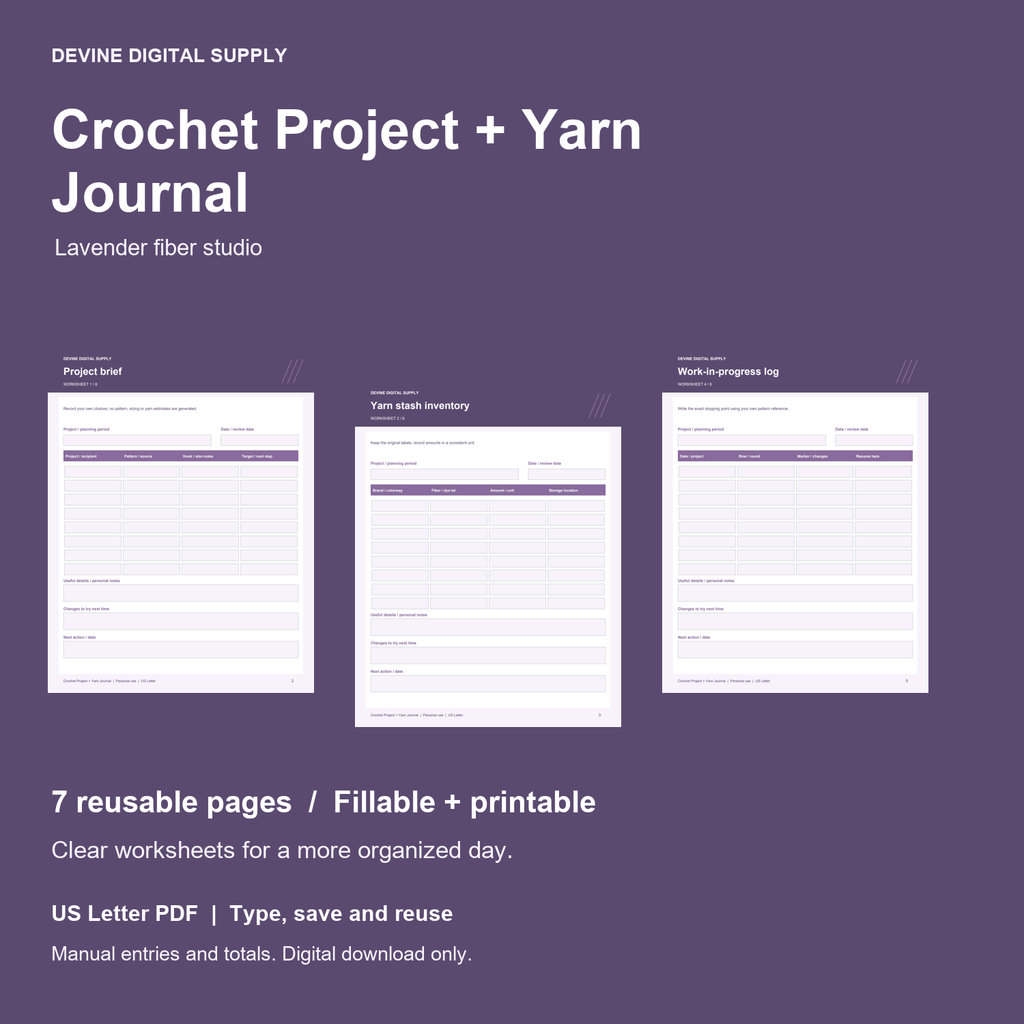 Crochet Project + Yarn Journal | Fillable PDF + Low-Ink Kit