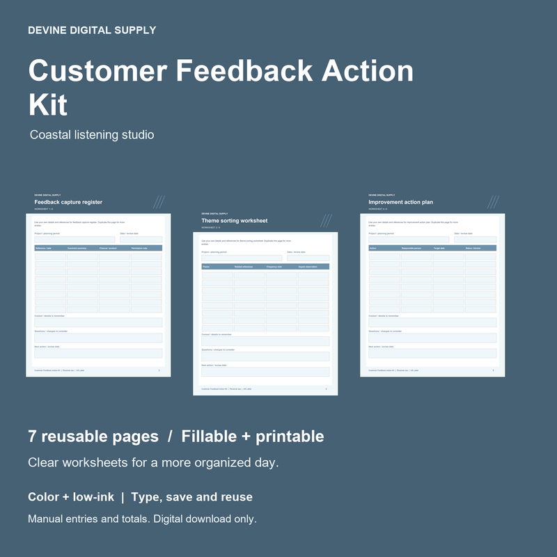 Customer Feedback Action Kit | Fillable PDF + Low-Ink Kit cover with actual page previews