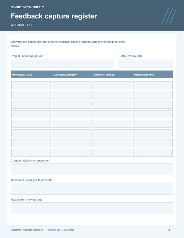 Customer Feedback Action Kit | Fillable PDF + Low-Ink Kit worksheet preview 1