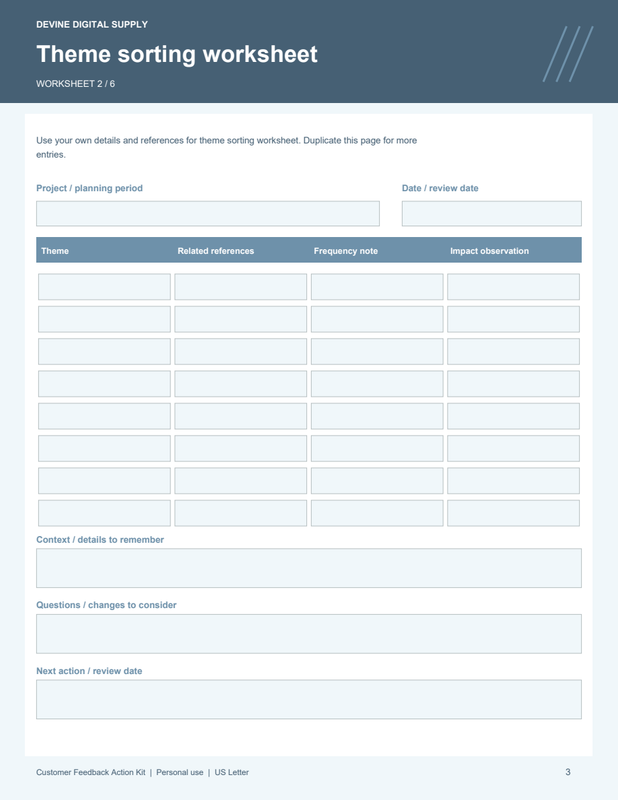 Customer Feedback Action Kit | Fillable PDF + Low-Ink Kit worksheet preview 2