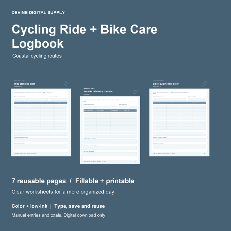 Cycling Ride + Bike Care Logbook | Fillable PDF + Low-Ink Kit cover with actual page previews