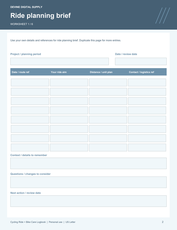 Cycling Ride + Bike Care Logbook | Fillable PDF + Low-Ink Kit worksheet preview 1