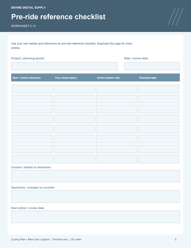 Cycling Ride + Bike Care Logbook | Fillable PDF + Low-Ink Kit worksheet preview 2