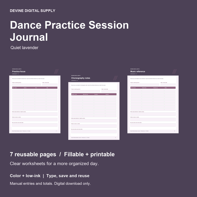 Dance Practice Session Journal | Fillable PDF + Low-Ink Kit cover with actual page previews