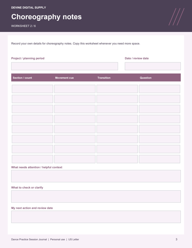 Dance Practice Session Journal | Fillable PDF + Low-Ink Kit worksheet preview 2