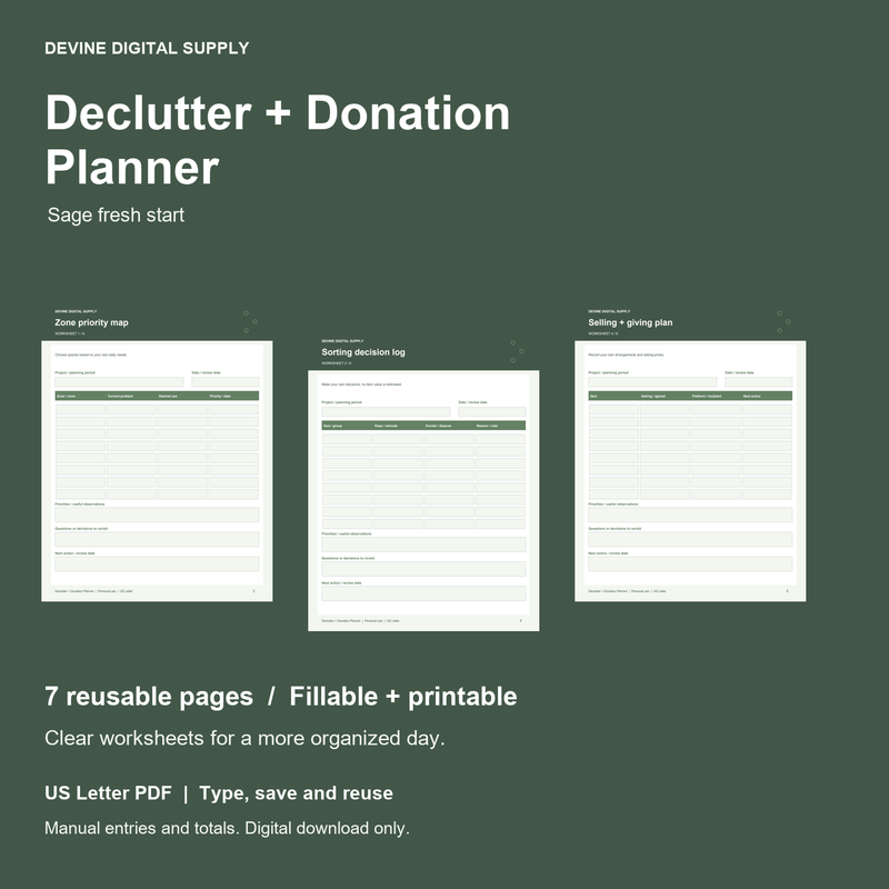 Declutter + Donation Planner | Fillable PDF Kit cover with actual page previews