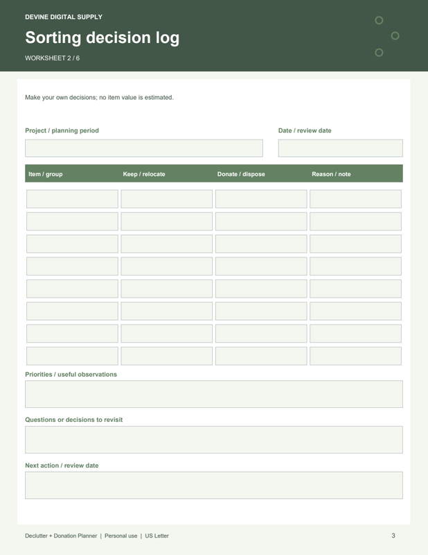 Declutter + Donation Planner | Fillable PDF Kit worksheet preview 2