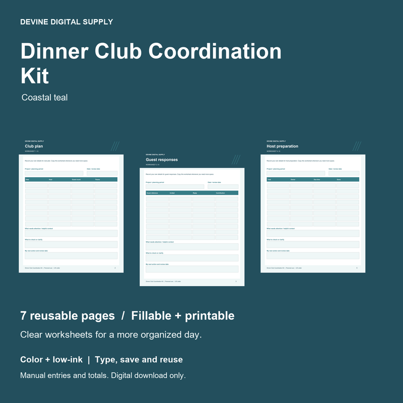 Dinner Club Coordination Kit | Fillable PDF + Low-Ink Kit cover with actual page previews