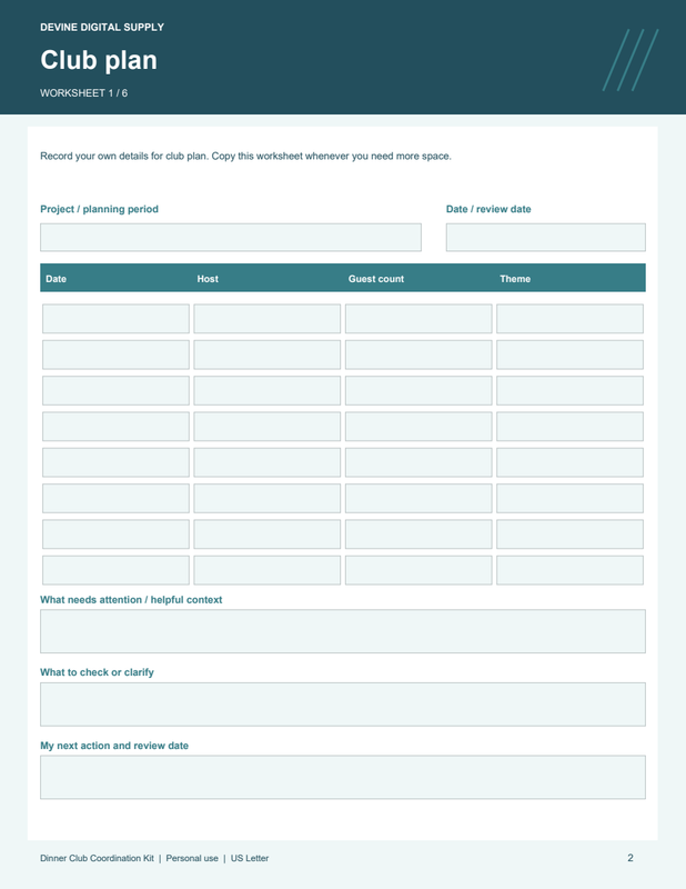 Dinner Club Coordination Kit | Fillable PDF + Low-Ink Kit worksheet preview 1