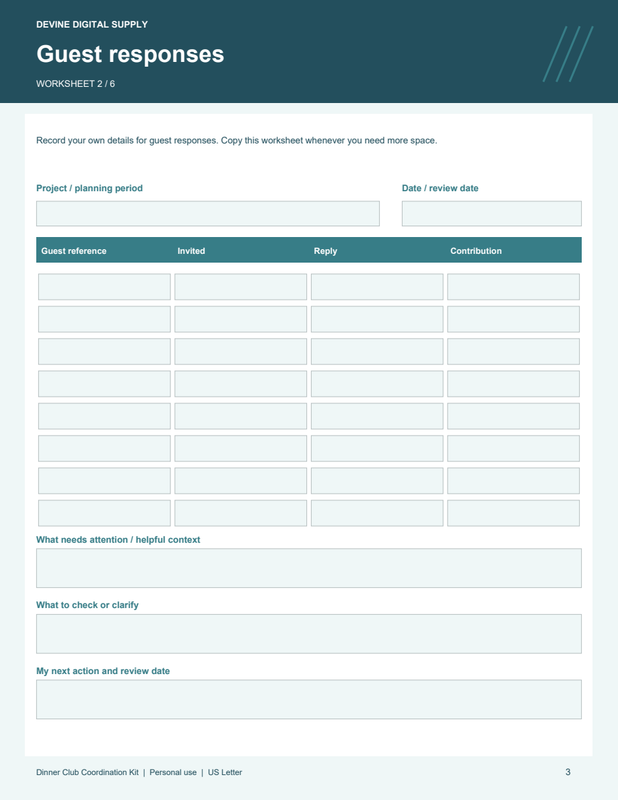 Dinner Club Coordination Kit | Fillable PDF + Low-Ink Kit worksheet preview 2
