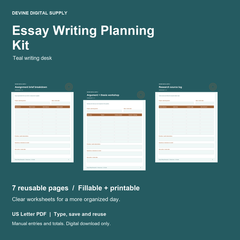 Essay Writing Planning Kit | Fillable PDF Kit cover with actual page previews
