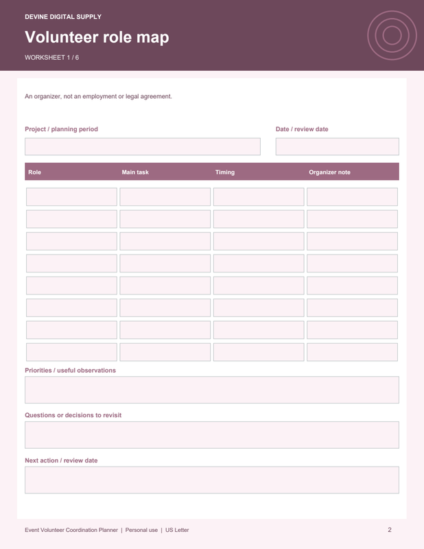 Event Volunteer Coordination Planner | Fillable PDF Kit worksheet preview 1