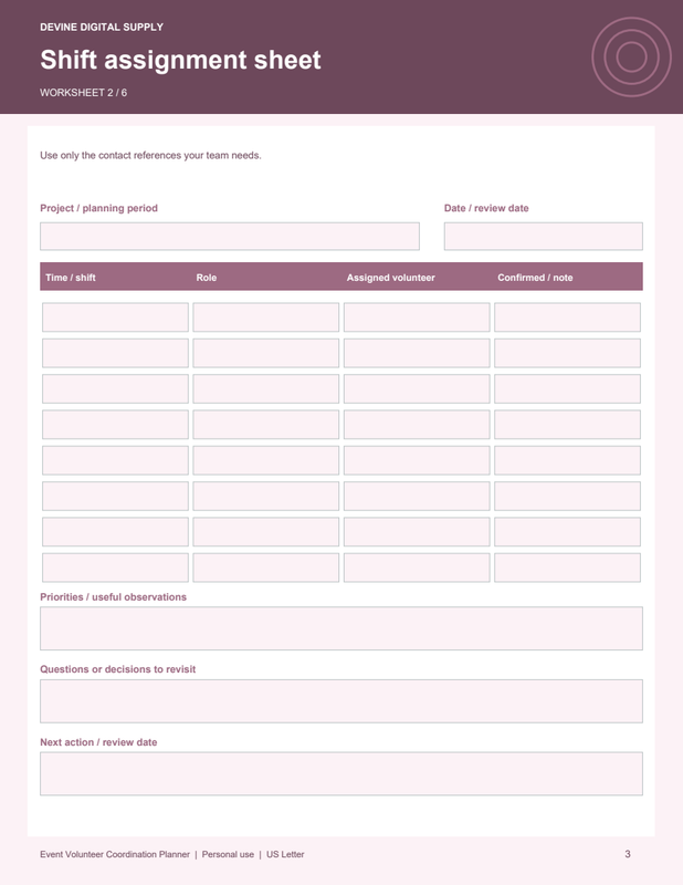 Event Volunteer Coordination Planner | Fillable PDF Kit worksheet preview 2