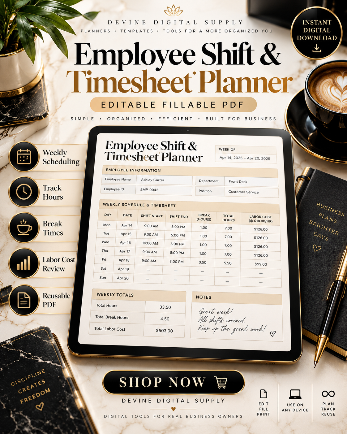 Employee Shift & Timesheet | Fillable PDF Workbook