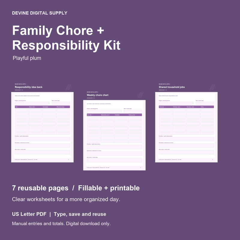 Family Chore + Responsibility Kit | Fillable PDF Kit cover with actual page previews
