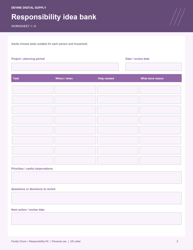 Family Chore + Responsibility Kit | Fillable PDF Kit worksheet preview 1