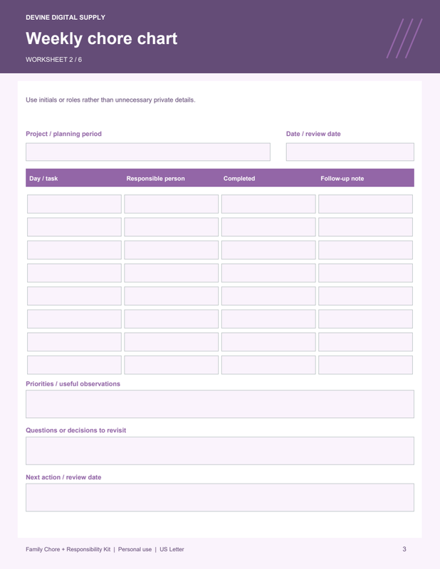 Family Chore + Responsibility Kit | Fillable PDF Kit worksheet preview 2