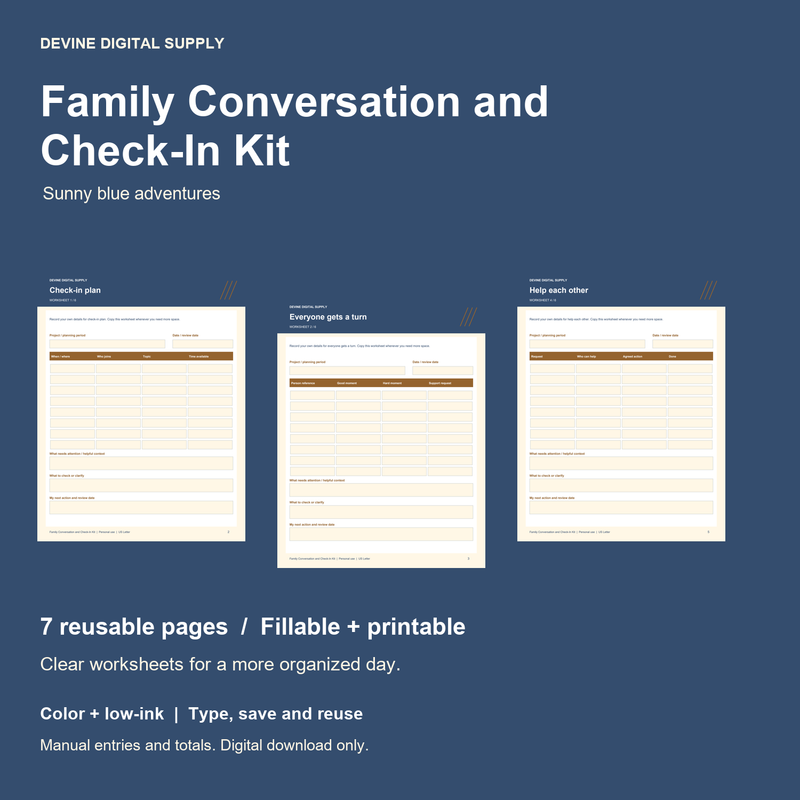 Family Conversation and Check-In Kit | Fillable PDF + Low-Ink Kit cover with actual page previews