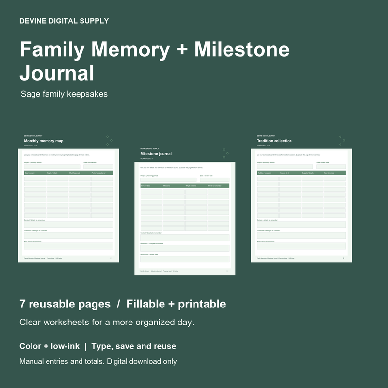 Family Memory + Milestone Journal | Fillable PDF + Low-Ink Kit cover with actual page previews