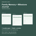 Family Memory + Milestone Journal | Fillable PDF + Low-Ink Kit cover with actual page previews