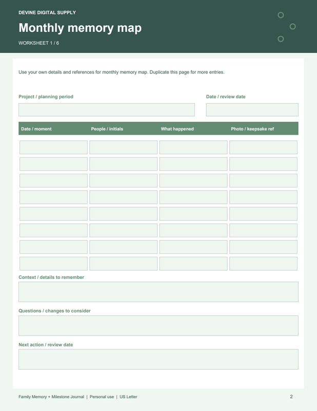 Family Memory + Milestone Journal | Fillable PDF + Low-Ink Kit worksheet preview 1