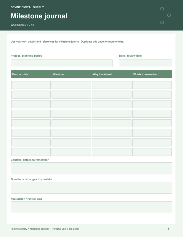 Family Memory + Milestone Journal | Fillable PDF + Low-Ink Kit worksheet preview 2