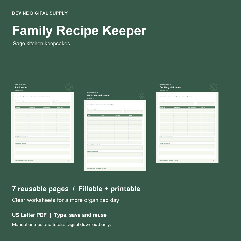 Family Recipe Keeper | Fillable PDF + Low-Ink Kit